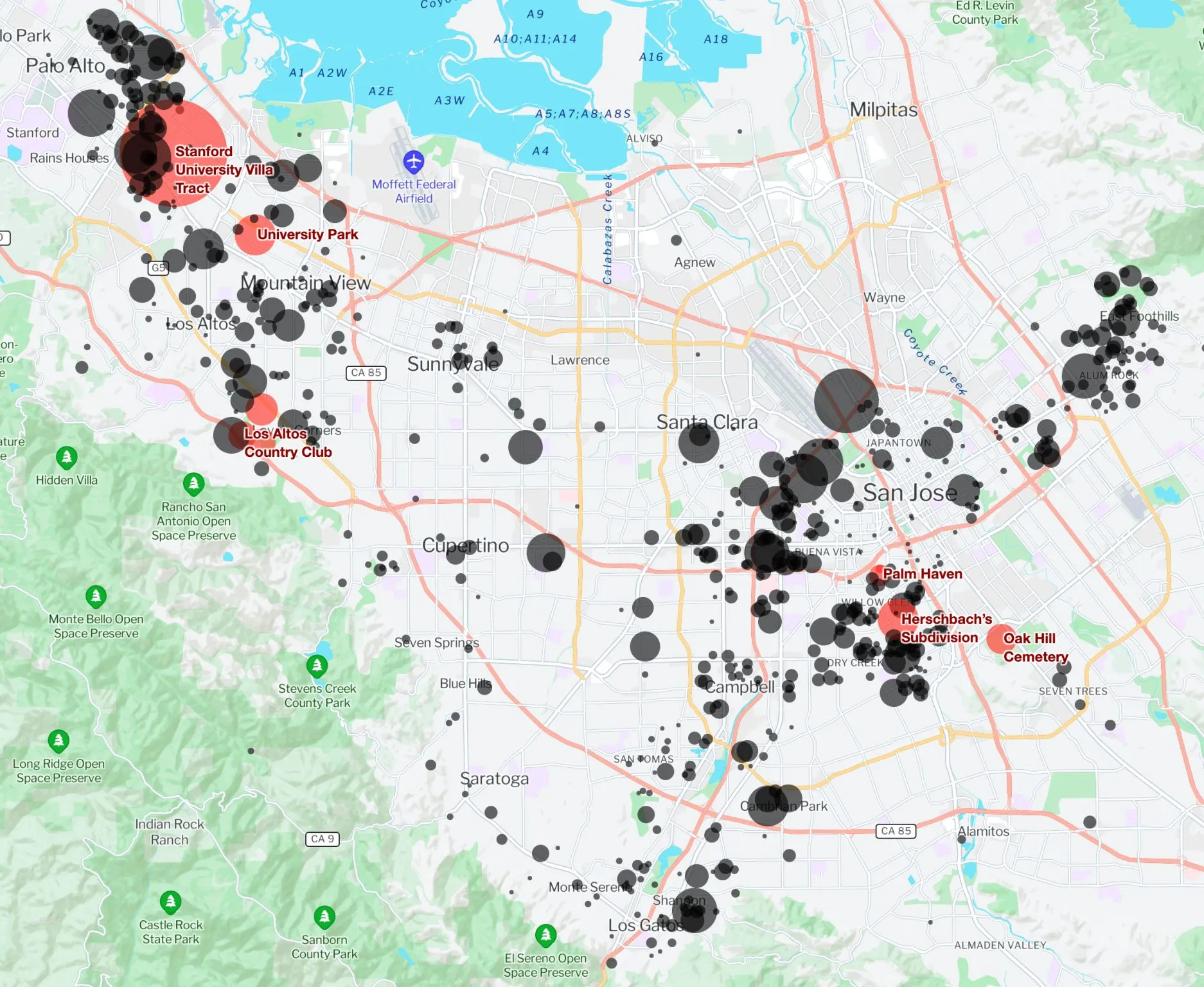A map of Santa Clara County from Palo Alto to San Jose, with circles marking racially restricted properties, clustered most heavily around Palo Alto and Stanford, San Jose, and the East Foothills. Six are highlighted in red: the Stanford University Villa Tract, University Park, the Los Altos Country Club, Palm Haven, Herschbach’s Subdivision, and Oak Hill Cemetery.